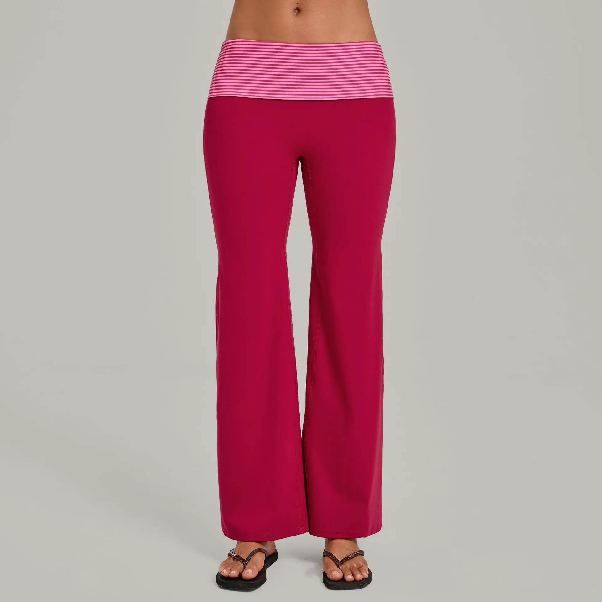 Vintage Print Straight-leg Yoga Pants Color Block Paneling Fold-over Waistband Tummy Control Women's Plus Size Workout Trousers
