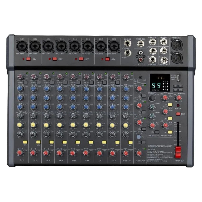 

14 Channel Mixer for Recording DJ Stage Karaoke Music 99 DSP Professional Audio Mixer with 48V Power RCA input