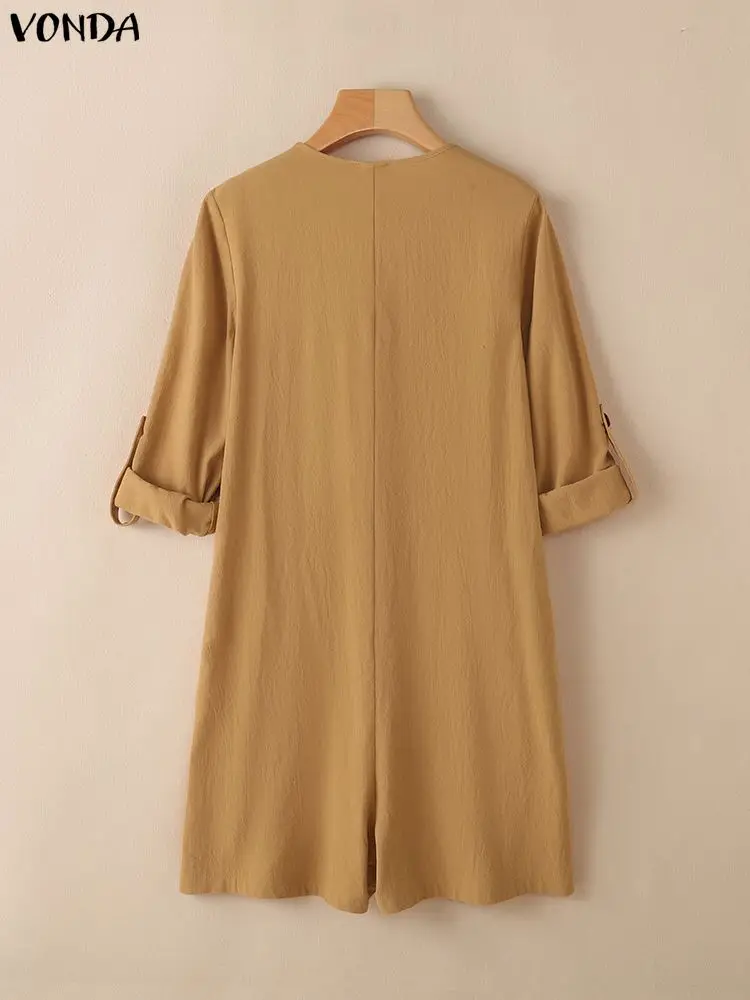 2025 VONDA femmes automne 100% coton mode combishorts à manches longues col en v combinaisons courtes poches solides élégant bureau salopette