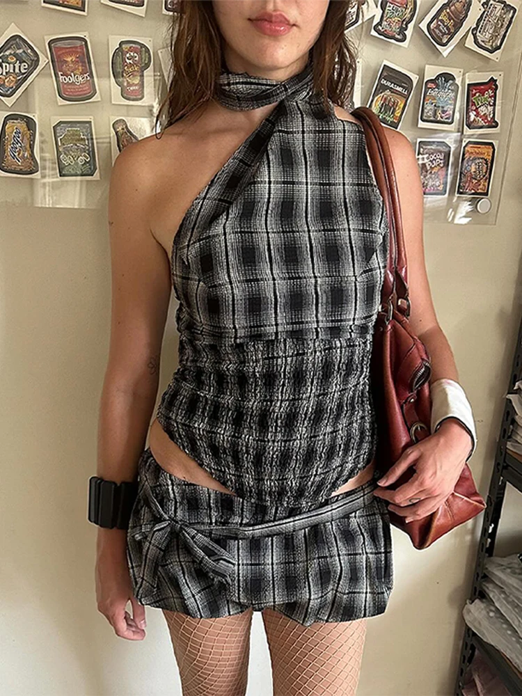 

Женская юбка-пузырь Y2k, комплект с открытыми плечами, клетчатая майка с лямкой на бретельках, пышная мини-юбка с поясом, вечерние женские наряды