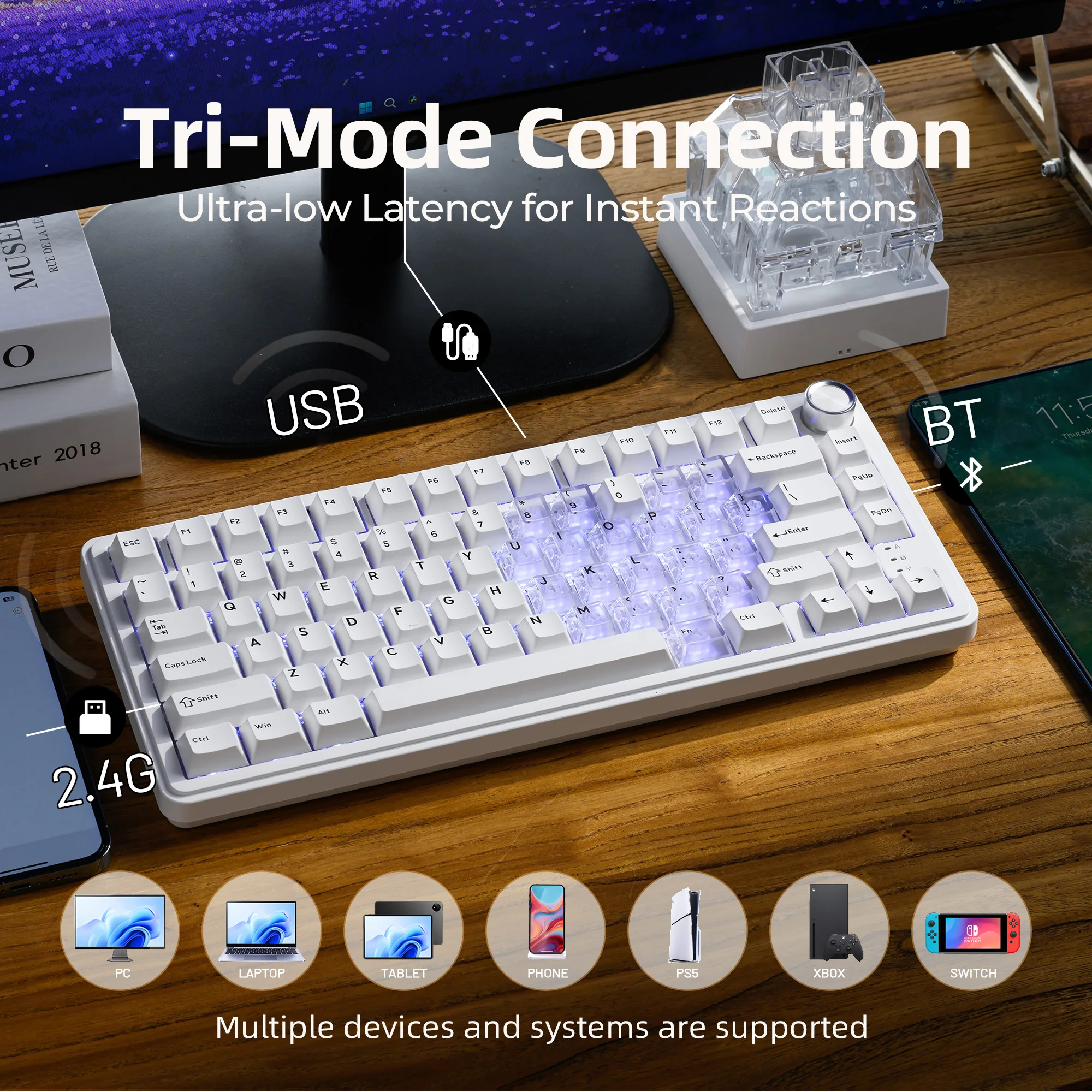 لوحة مفاتيح ميكانيكية لاسلكية XVX M75، اتصال ثلاثي الوضع، لوحة مفاتيح بإضاءة خلفية RGB قابلة للتبديل السريع مع أغطية مفاتيح حب شفافة