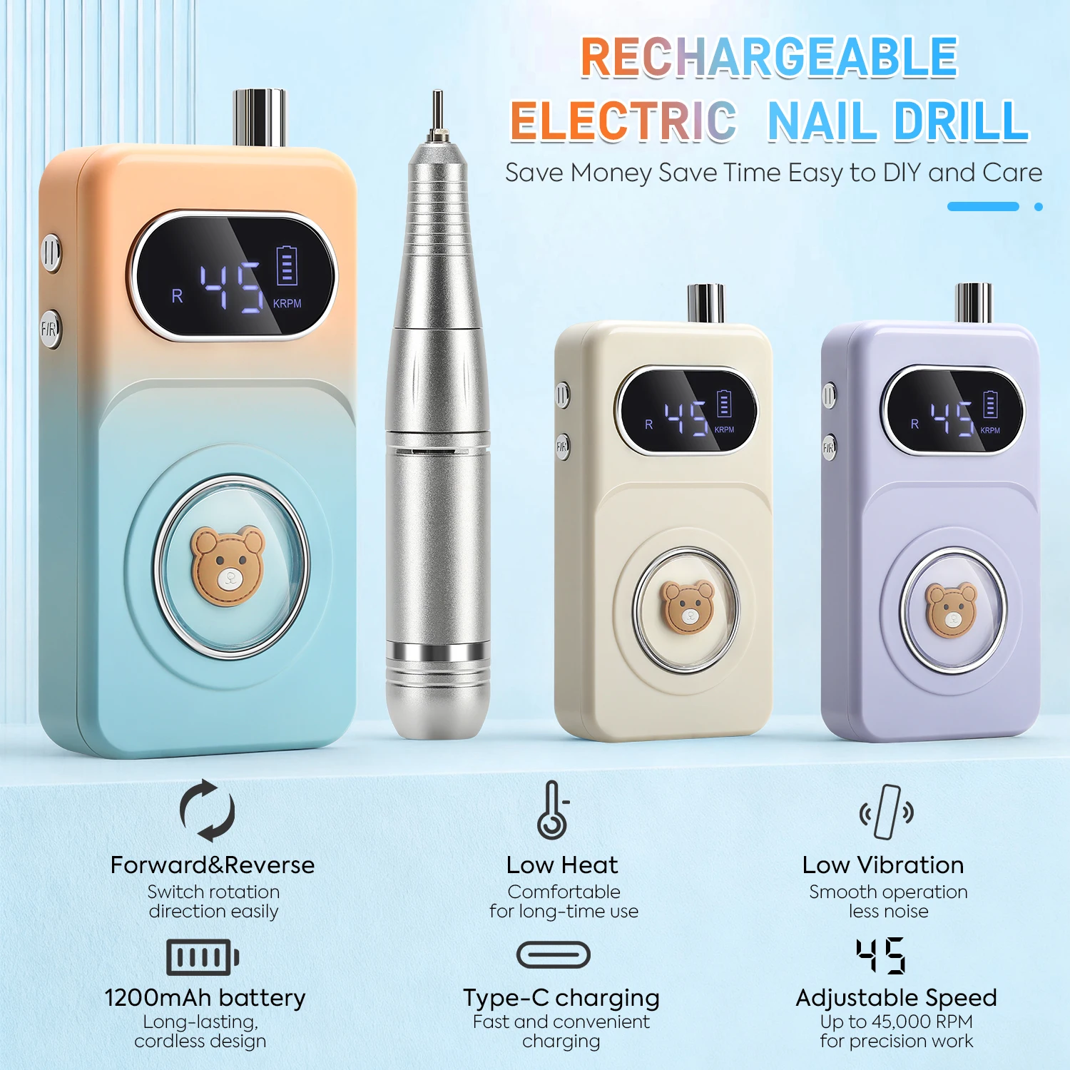 Trapano per unghie ricaricabile Lima per unghie elettrica portatile da 45000 giri/min con design simpatico orso, velocità regolabile e display LCD