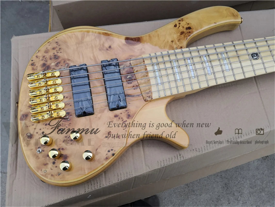 6 string bass guitar  Del bass ASH wood body burl maple top HH pickups gold button neck bolt on body active battery