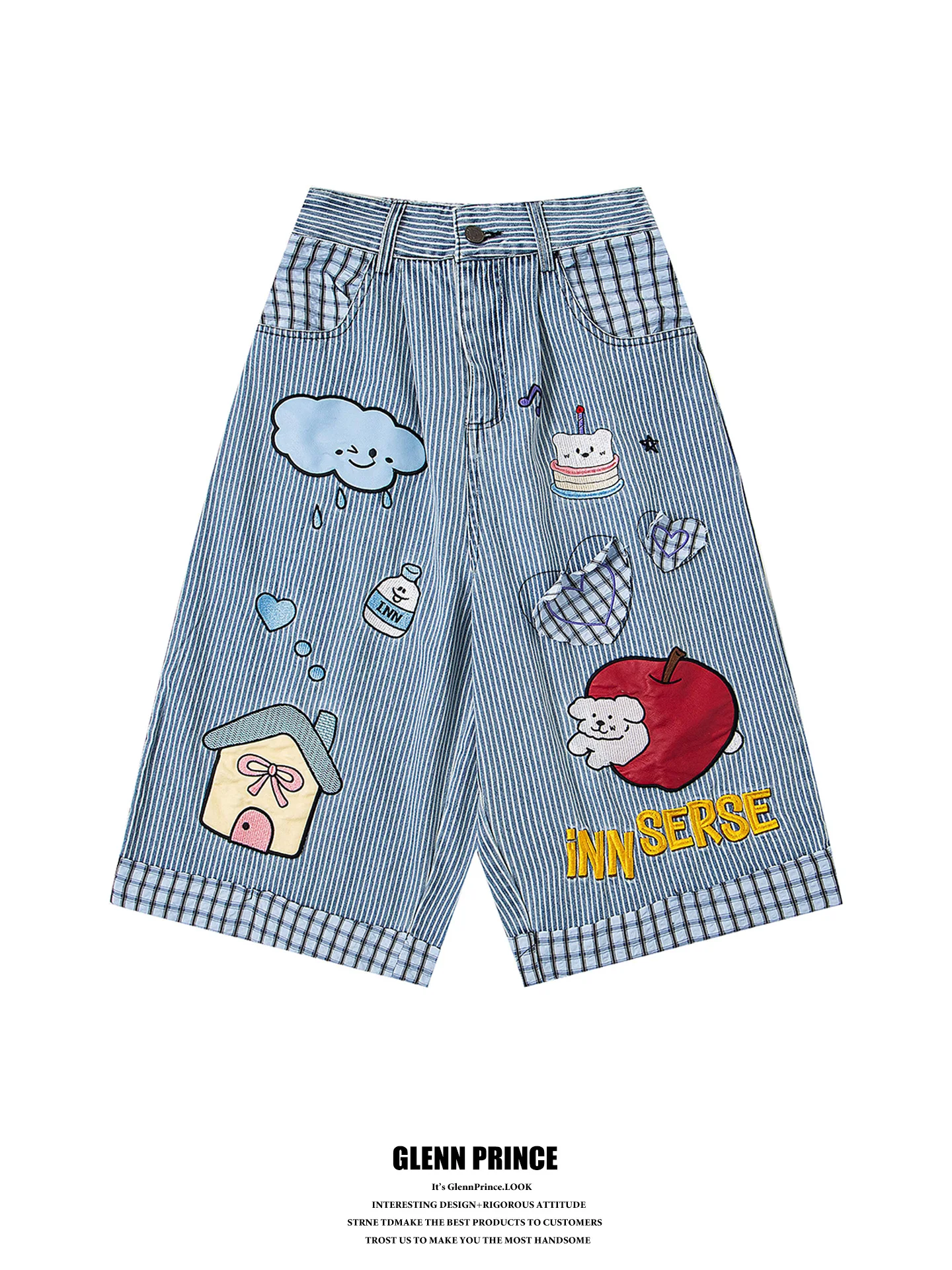 

American Design Style Cartoon Patchwork Embroidered Men's 7/8 Length Straight Leg Wide Leg Shorts Summer New Fashion Casual S...