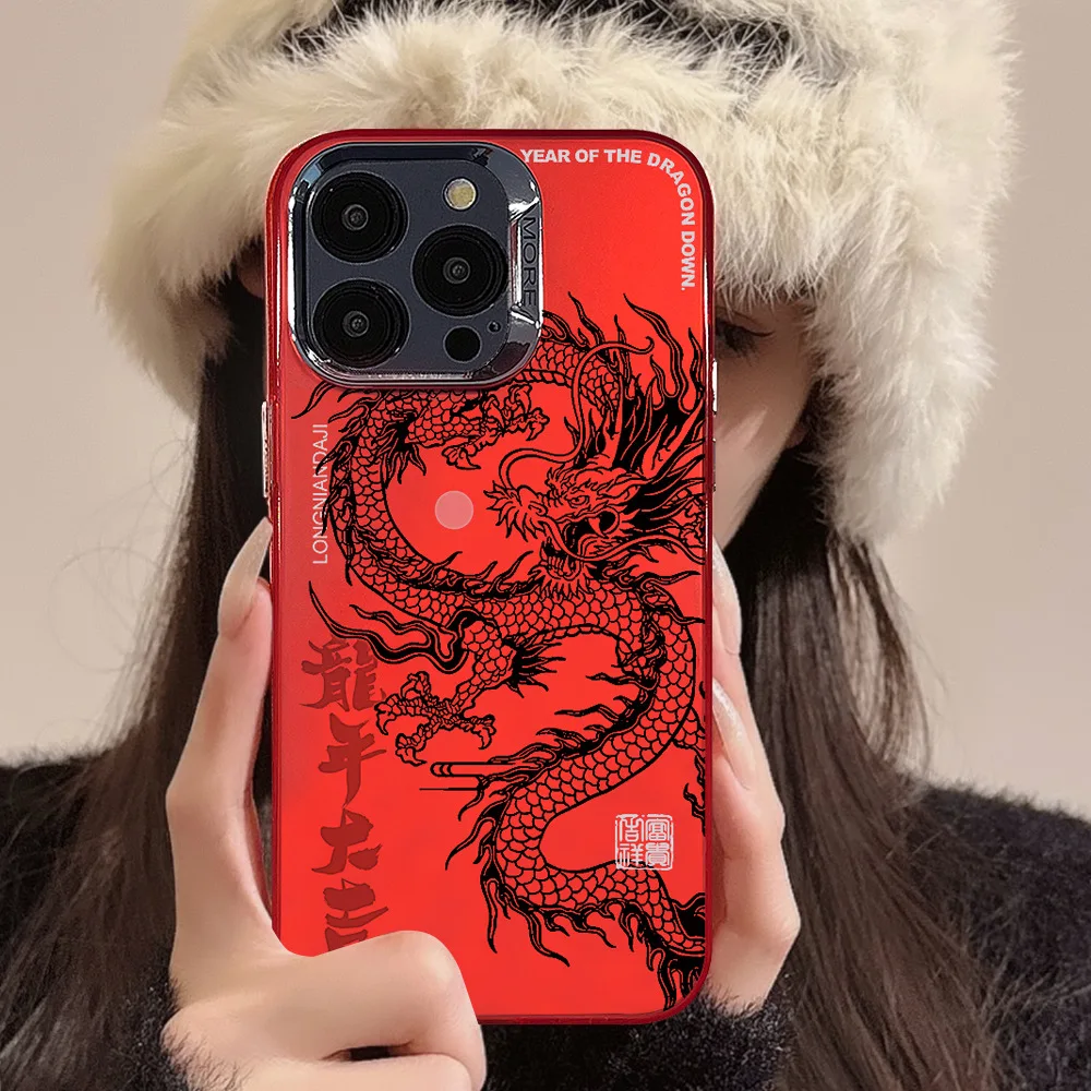 Chinese Dragon Red Plating Cover Case For iPhone 16 15 14 13 12 11 Pro Max Plus Shockproof Phone Case