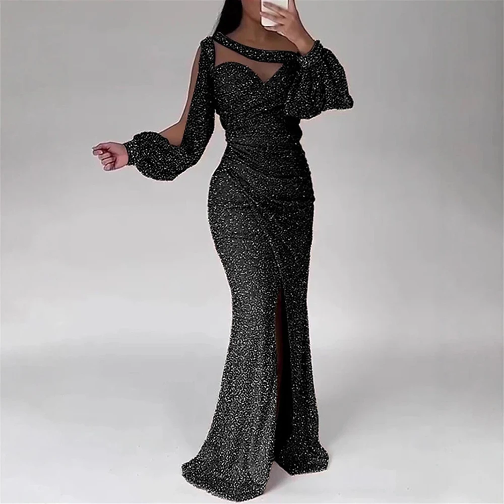 ชุดเดรสยาวหรูหราสำหรับงานปาร์ตี้ ประดับเลื่อม คอเสื้อแบบไม่สมมาตร แขนทรงกระดิ่ง ทรงเข้ารูป ผ่าข้าง ดีไซน์ทันสมัย สง่างาม