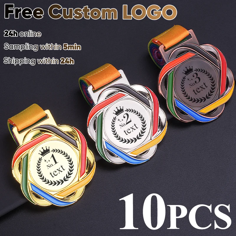 10PCS Customized Award Medals with Color Ribbon Gold Silver Winner Reward Medals Customized Prize Gifts School Sports Souvenir