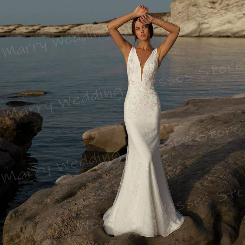 Vestidos De Novia elegantes De sirena para mujer, Vestidos De Novia De encaje con apliques De cuello en V profundo, Sexy, sin mangas, Playa