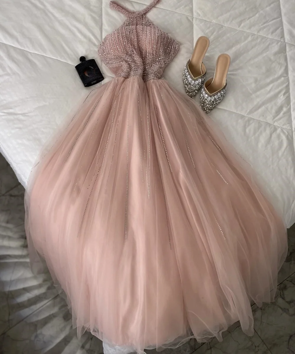 

Customized Sexy Pleat Net Sequined A-line Halter Long Dresses Bespoke Occasion Quinceanera Sizes Available