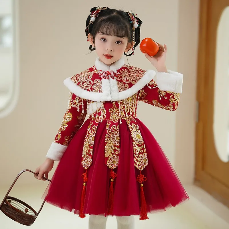 Chinese Embroidery Dress Girl's Party Sequined Princess Dress Flower Girl Dress Child Gauze Pengpeng Dress Kids New Year Clothes