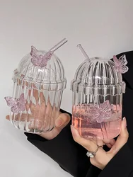 3D Glass Butterfly Glass Cup With Lid Straw High Borosilicate Heat-resistant Glass Coffee Milk Glass Cup Cold Drinks