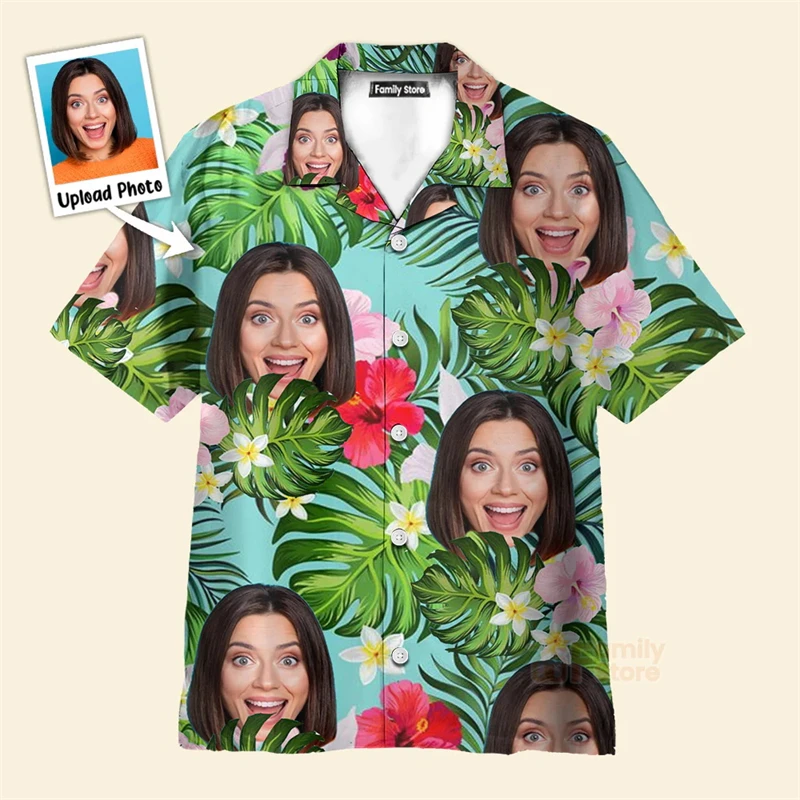 New Hawaiian Custom Photo Face Shirt Fun 3d Diy Print Button Shirts Short Sleeves Hawaii Shirt Tops Asian Size Tees Fashion Top