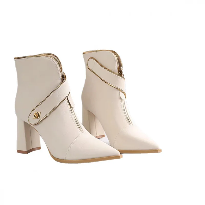 

French Chic 2025 Pointed Toe Booties Women 5CM Chunky Heel Ankle Boots with Buckle Strap & Front Zipper Elegant Fashion
