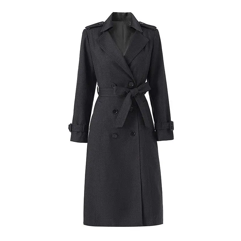 

Deep Grey Double-Breasted Coat for Women Spring Autumn New Style Waist-Cinching Commute Mid-Length Outerwear