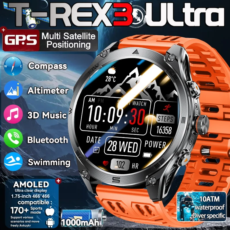 

2025 New Military GPS Tactics Sport Smart Watches 1000Mah Battery Compass 10ATM Waterproof tracker LED BT call Smart Watches men