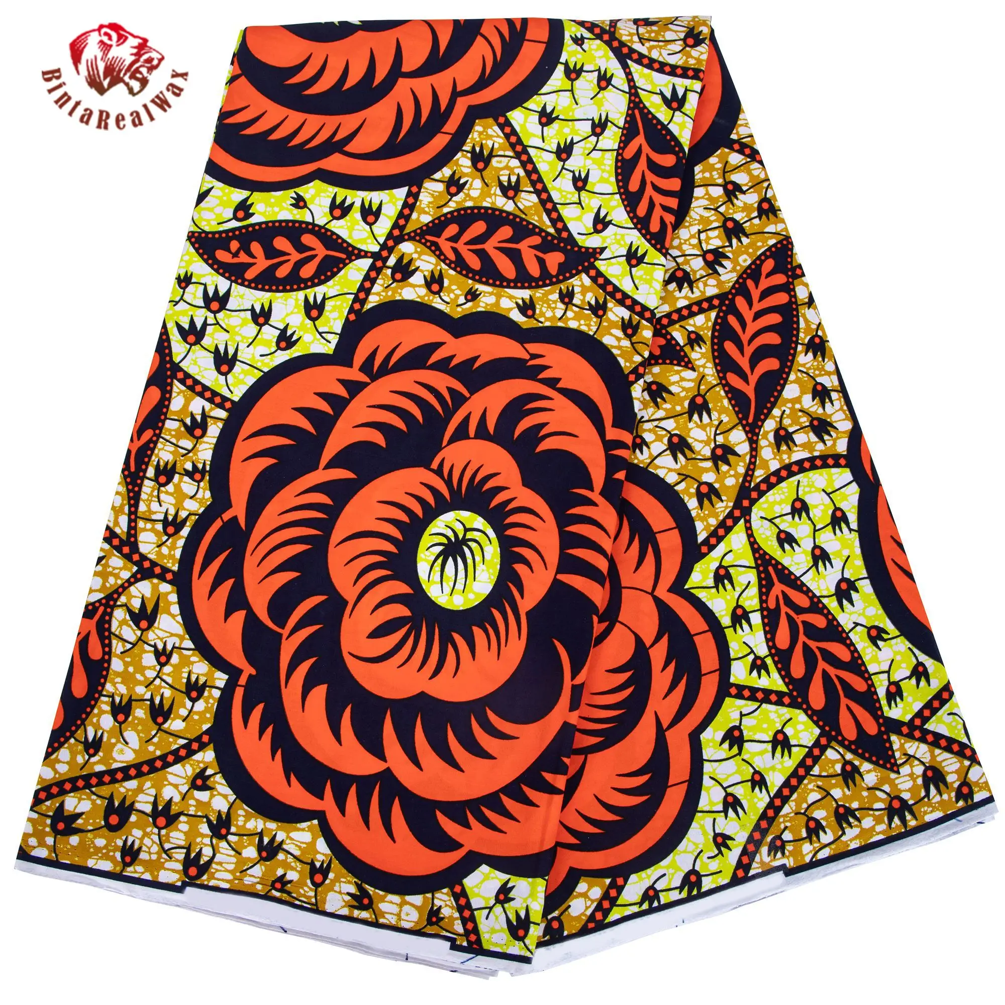 

African Wax Print Fabric, Orange & Black Floral Pattern, Cotton Dress Making Fabric, DIY Textile for Clothing & Craft 24FS1615