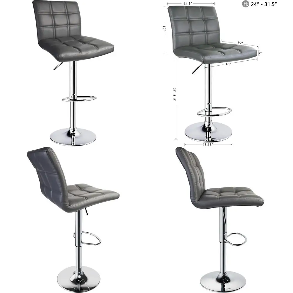 

Grey Adjustable PU Leather Bar Stools with Square Back, Set of 2, for Kitchen Counter or Bar Height Swivel Use