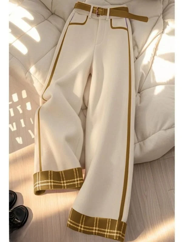 High Waist Straight Leg Wide Leg Pants Women's Korean Style Commute Wind Check Pattern Yellow Patch High Fashion Sensation