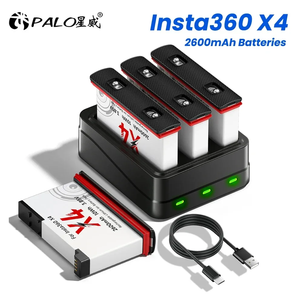

2600mAh High Capacity Battery for Insta360 X4 Battery + 3-Slot LED Charger Fast Charge for Insta360 ONE X4 Camera Acceossries