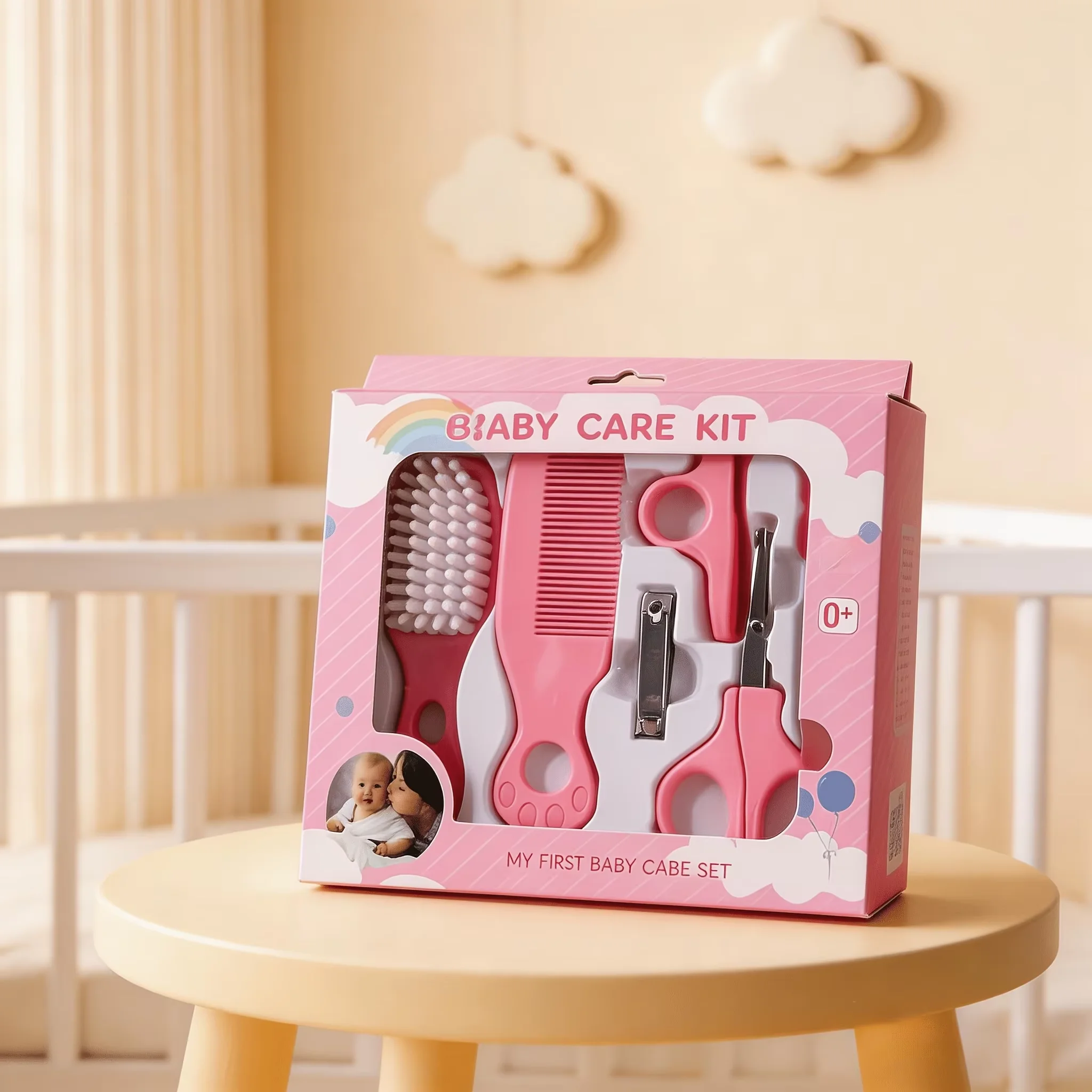 6PCS Cartoon Baby Care Set, Newborn Hair Brush Comb Round Head Nail Clipper Scissors Nail File for Infant