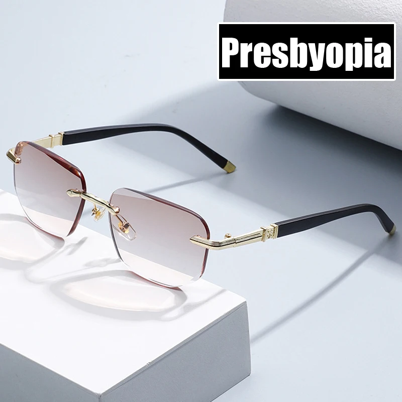 

Luxury Frameless Diamond Cut Edge Reading Eyewear for Men Women Ultralight HD Anti Blue Light Hyperopia Glasses Diopter 0 To+4.0