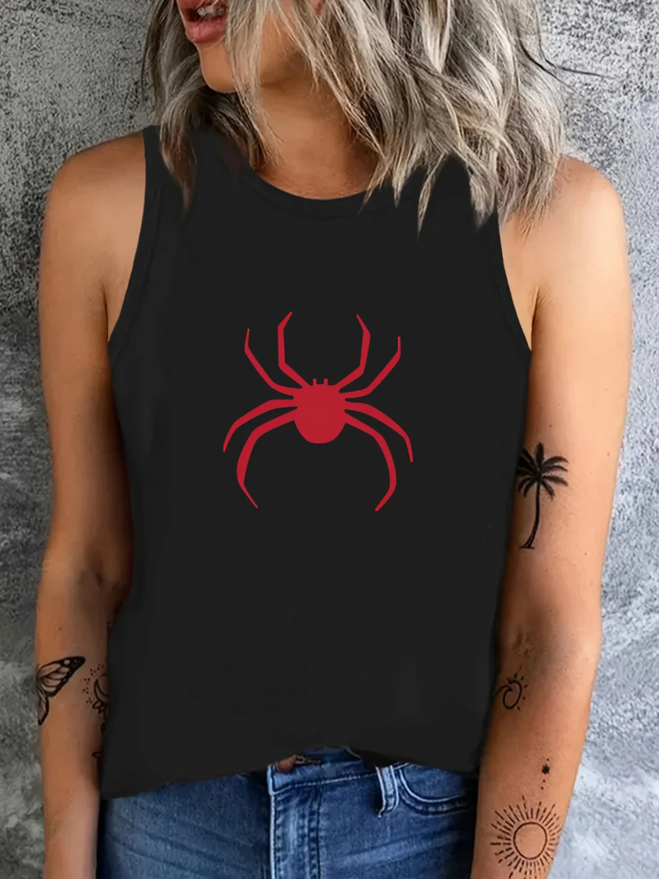 Hip Hop Female Spider Print Weste T-Shirt T-Shirt Grafik Tank Top Damen ärmellos Rundhalsausschnitt