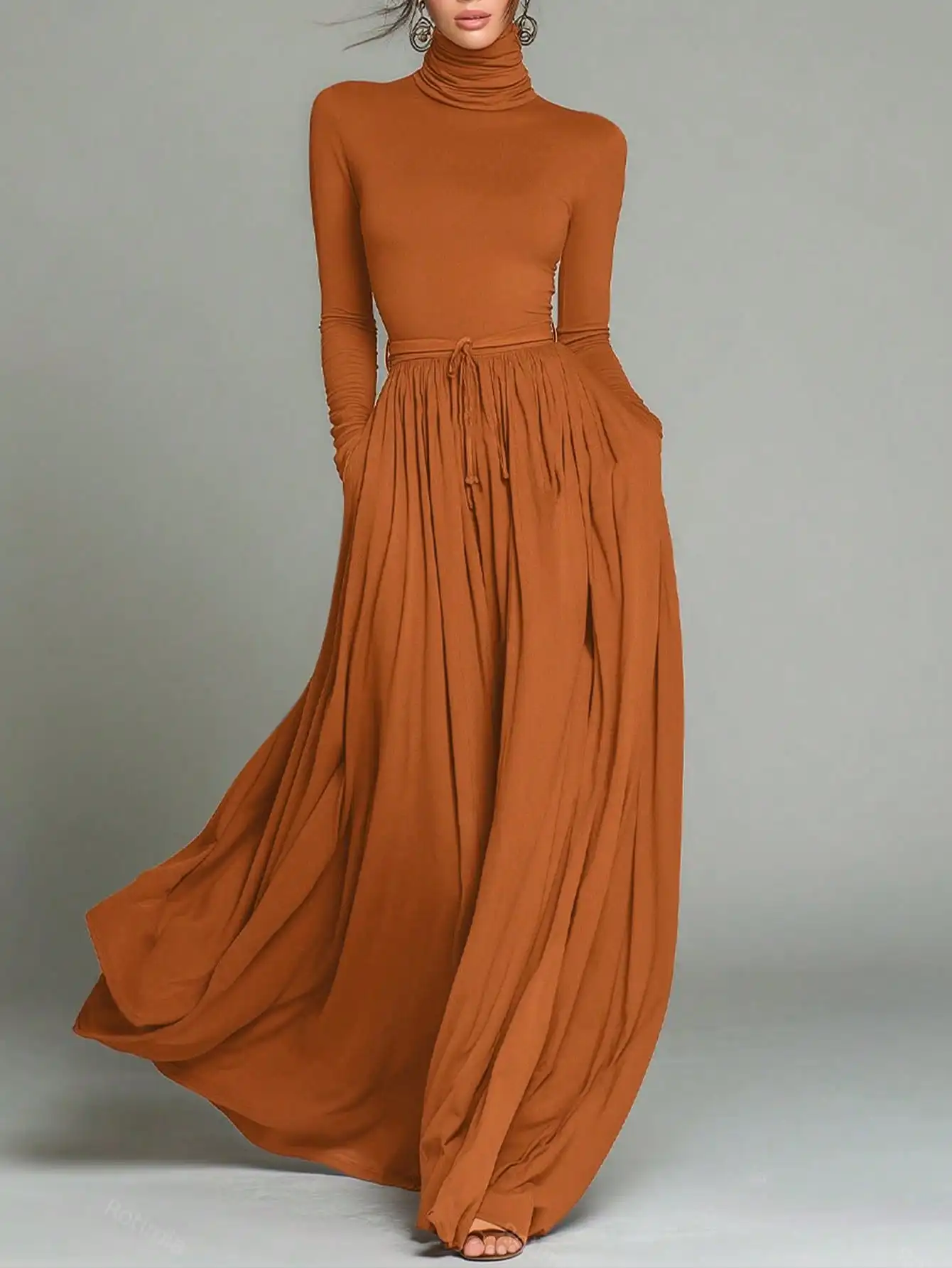 

Women's Rust Solid Turtleneck Long Sleeve Maxi Dress with Drawstring Waist