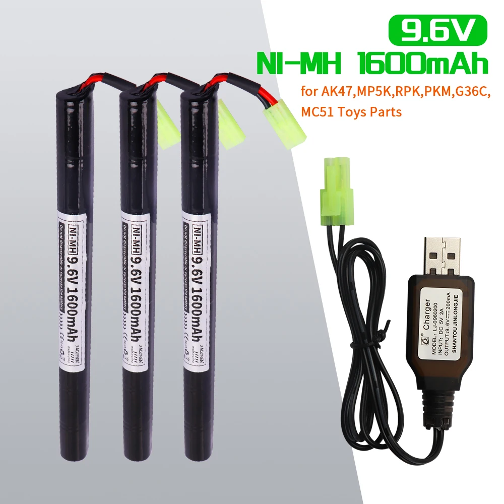 Batería Airsoft de 9,6 V y 1600mAh, batería de palo NiMH de 9,6 v con conector Mini Tamiya para pistolas de Rifle AK47 MP5K RPK PKM G36C MC51