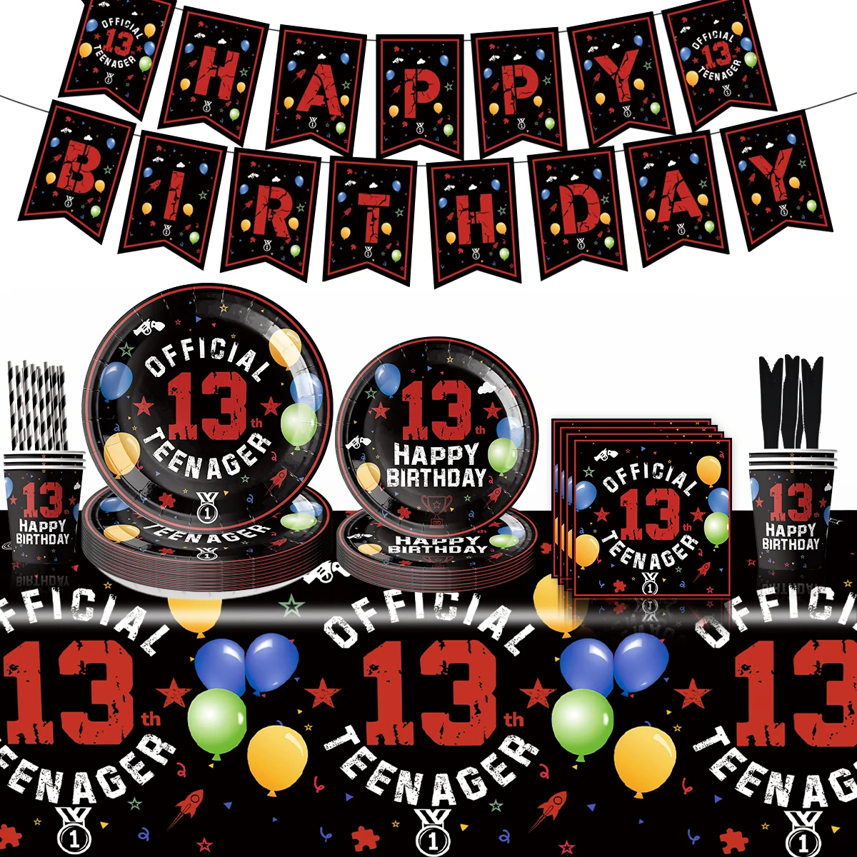 

Disposable Paper Plates and Tablecloth, 13 Years Old Birthday Festival Tableware, Black and Red, Use for 13 Years Old