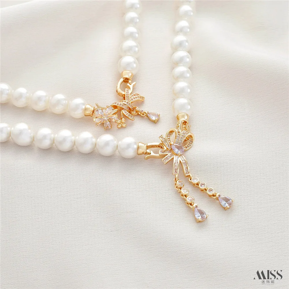 14K Gold-wrapped Color-preserving Zircon Bow Pendant Buckle DIY Pearl Bracelet Necklace Ending Connection Button Accessories