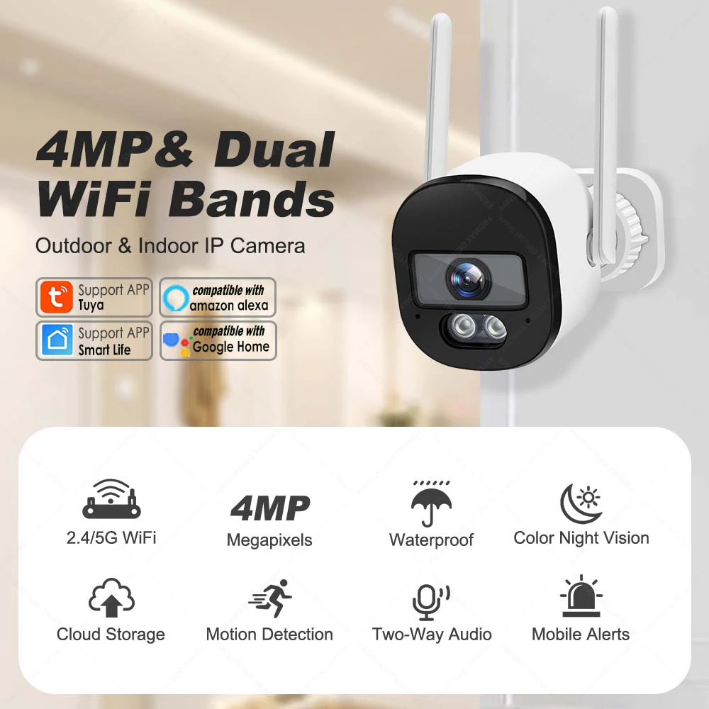 4MP Tuya Bullet Camera 2.4G/5G WiFi Surveillance Camera Outdoor Security Protection Mini CCTV Cam SmartLife Video Cameras Alexa