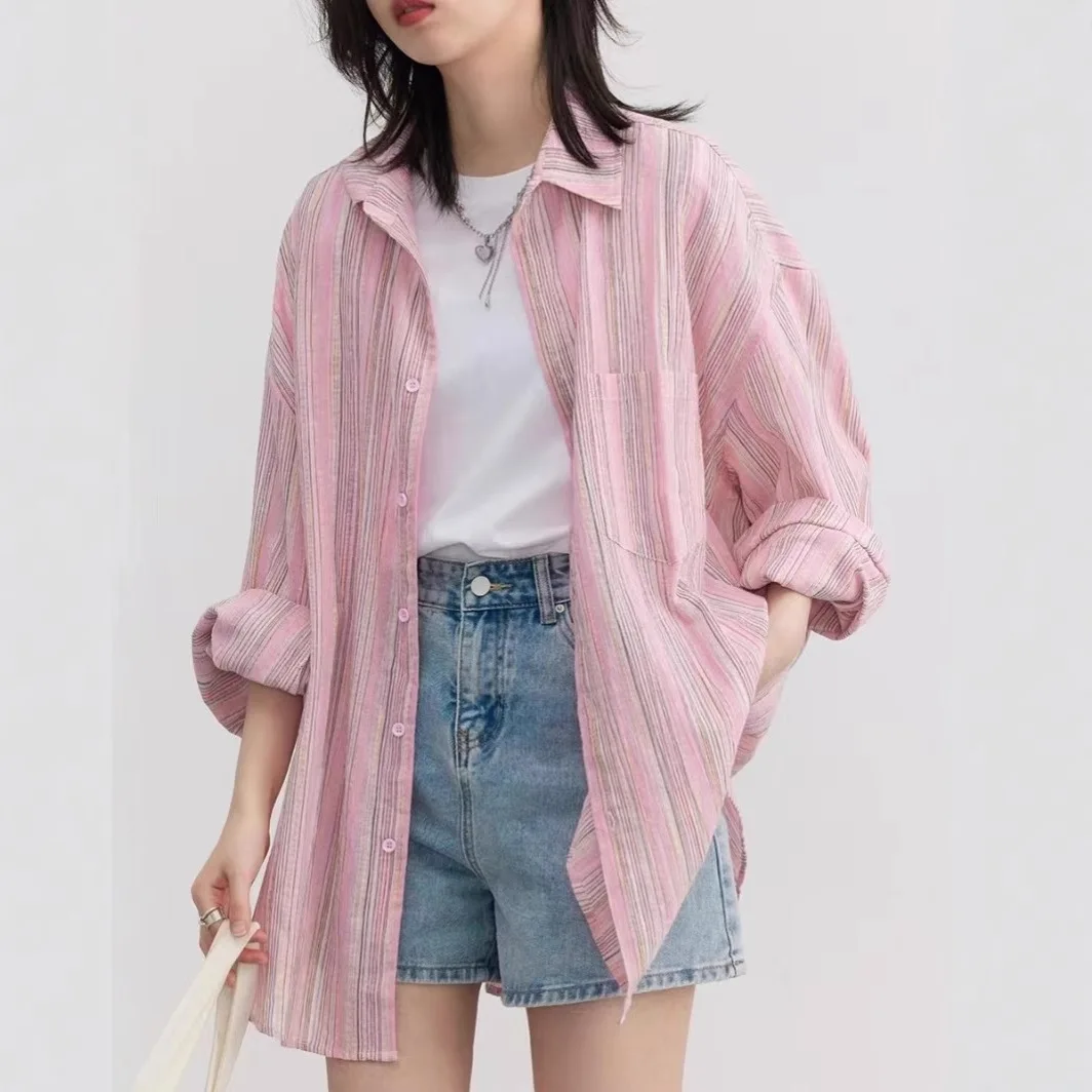 

Pink Color Striped Women Shirt Cotton Linen Single Breasted Chic Loose Blouses 2025 New Summer Korean Style Female Tops