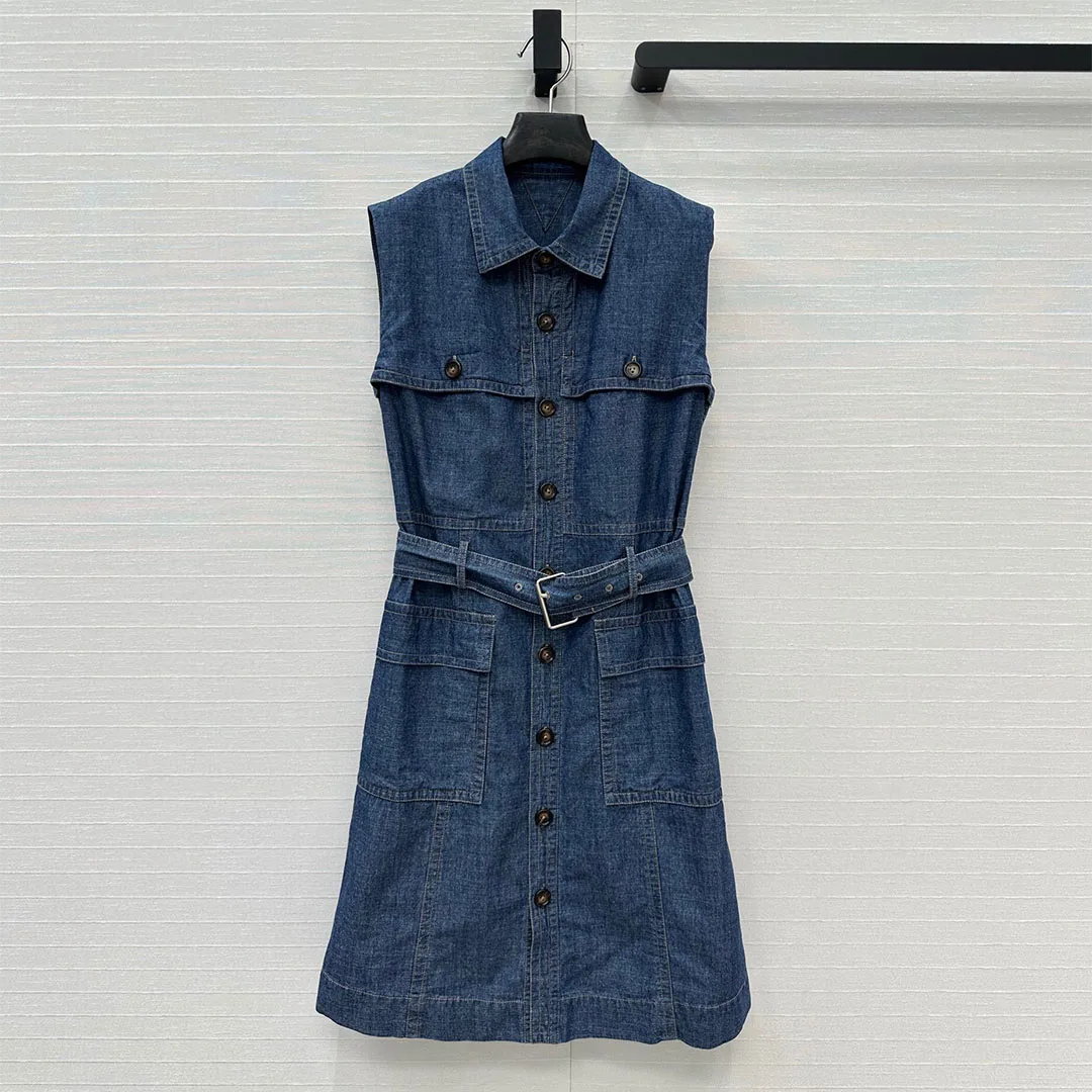 Safari Style Blue Denim Summer Midi Dress Women 2025 New Lapel Sleeveless Pockets High Waist Belt Casual High Street Dresses