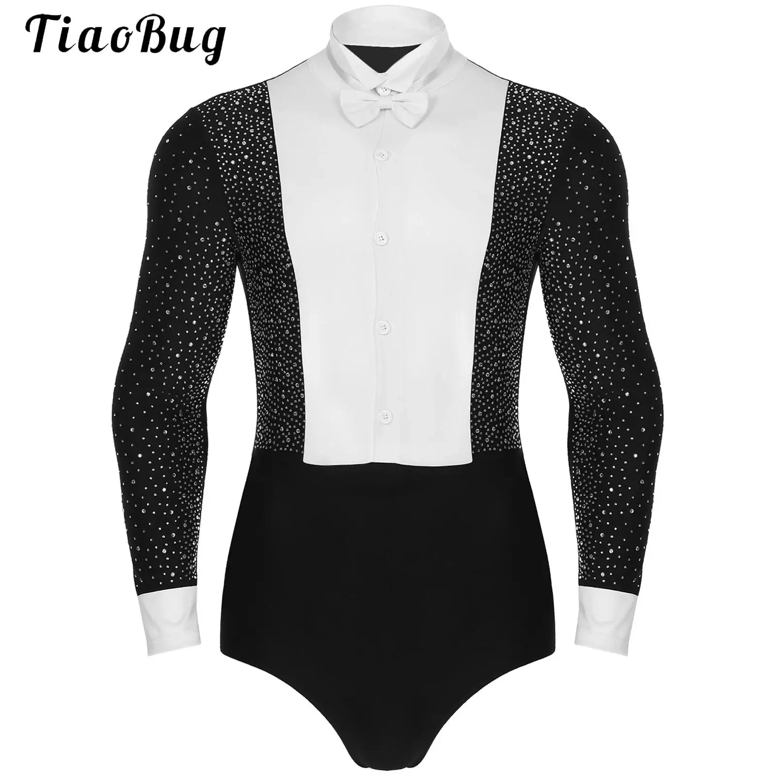 

Mens Latin Dance Shirt Shiny Rhinestone Long Sleeve Bowtie Ballroom Tango Rumba Gymnastics Bodysuit Tops Competition Dancewear