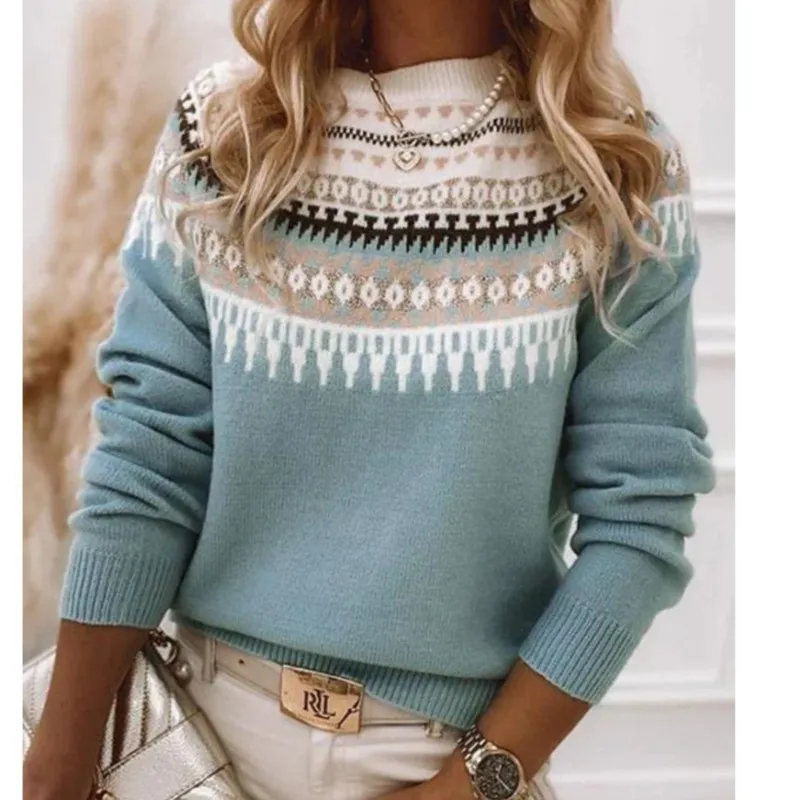 

New Autumn Winter Knitted Print Loose Sweater Women Casual O-neck Long Sleeve Sweaters Female Elegant Trendy Ladies Clothes