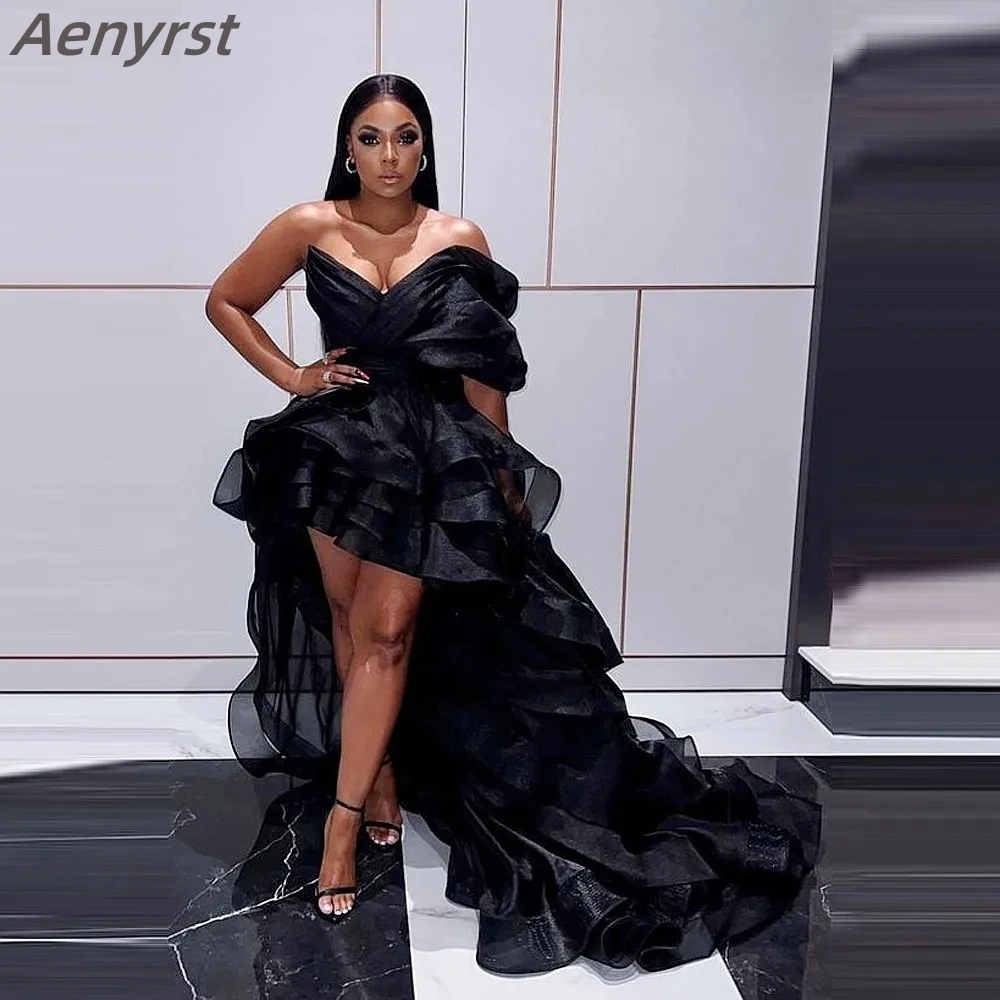 

Aenyrst Elegant Black Tiered Prom Dresses One Shoulder High Low Evening Dress Black Girls African Birthday Gowns فساتين الحفلات