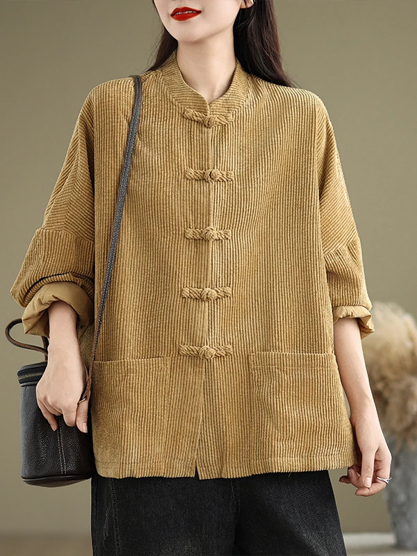 

Осень-зима, винтажный вельветовый джет, женский свободный крой, верхняя одежда с воротником-стойкой на пуговицах, повседневная прямая облегающая одежда