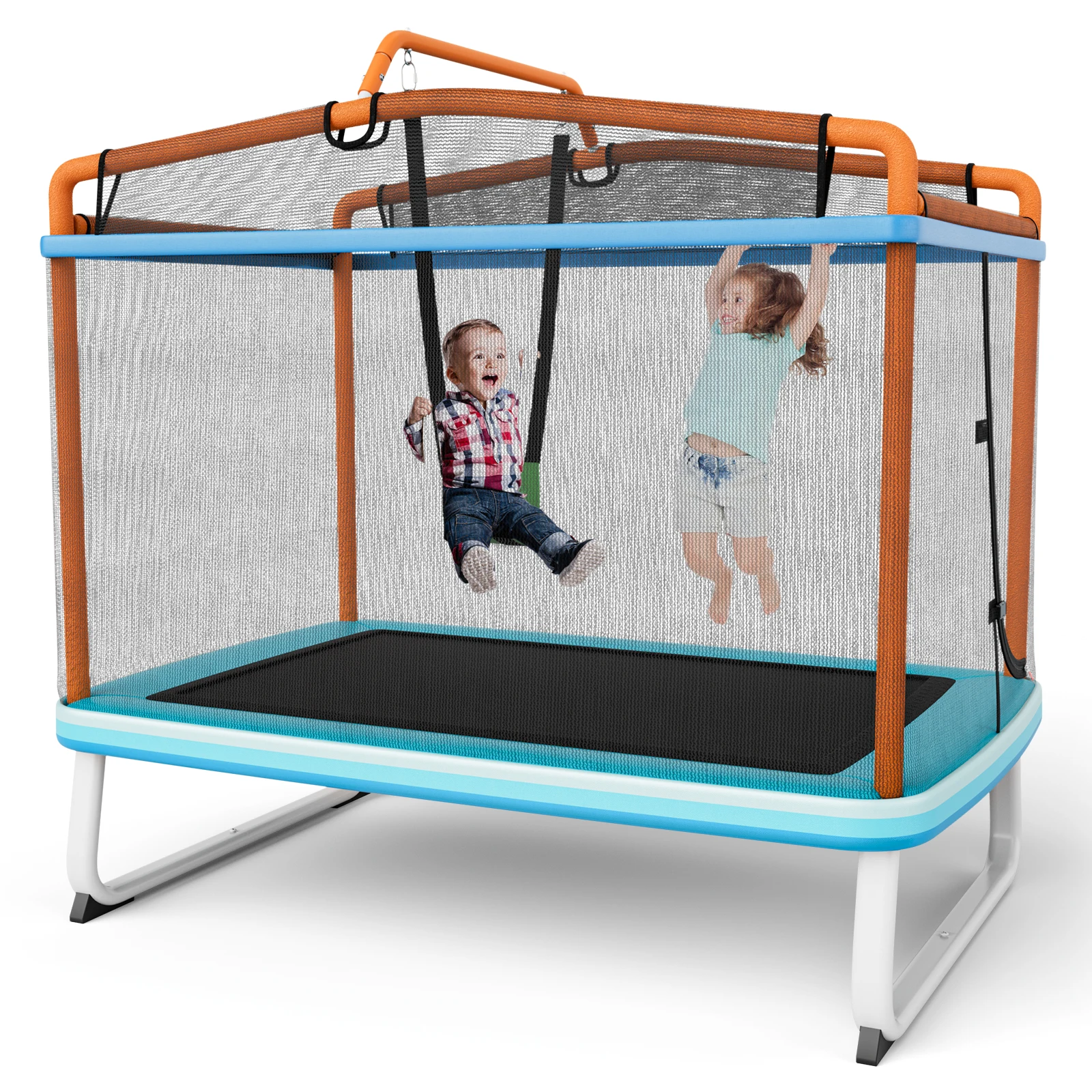 Babyjoy 3-in-1 6FT Rectangle Kids Trampoline W/Swing Horizontal Bar & Safety Net Outdoor