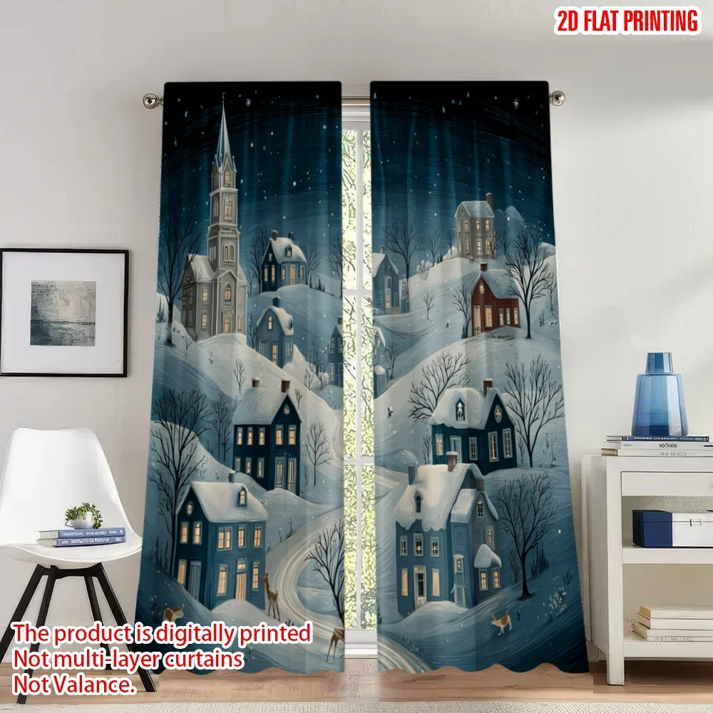 

2pcs 2D flat printing Christmas Classic Hot Curtains Cozy Winter Village Snowscape Digital Printed Polyester Drapes Family Party