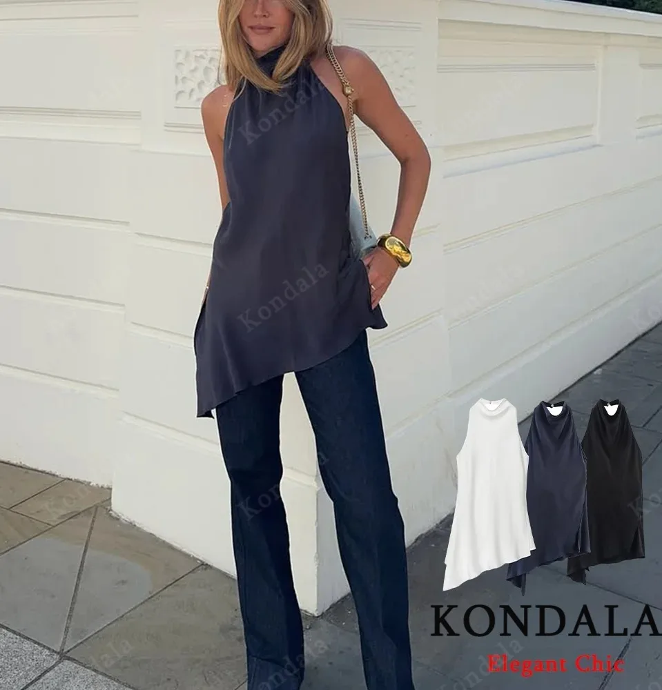 

KONDALA женский элегантный минималистичный асимметричный топ с лямкой на шее, женские атласные топы с открытой спиной, новинка 2025, летние осенние модные сексуальные женские топы