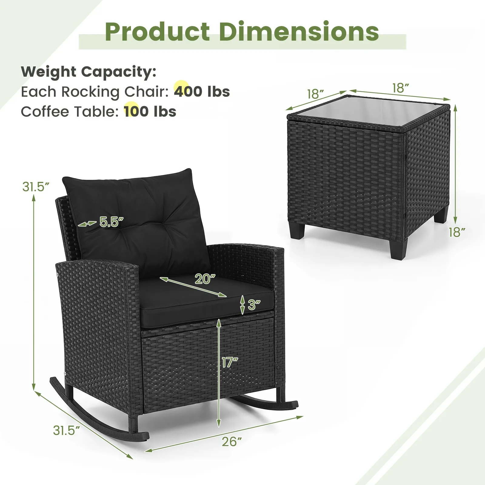 3 PCS Patio Wicker Rocking Set w/ Tempered Glass Table and Soft Cushions Outdoor
