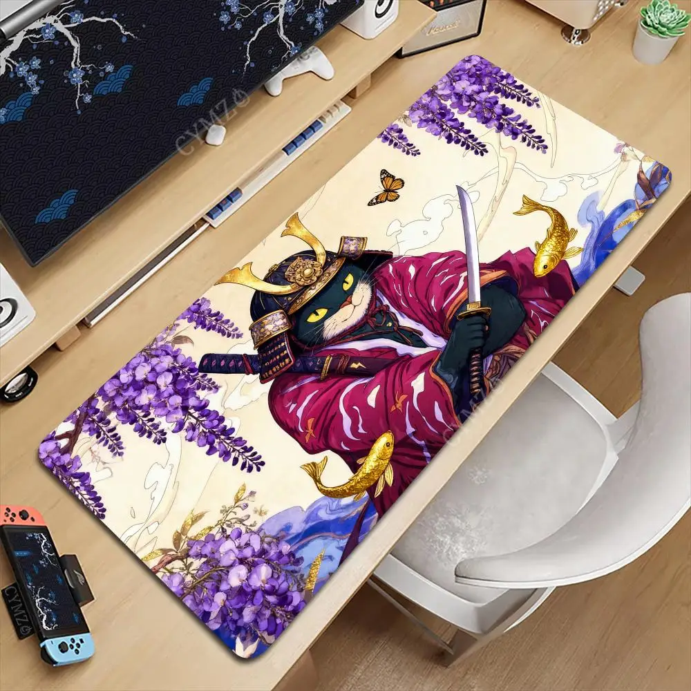 Tappetino per mouse Fantasy giapponese samurai gatto Tappetino per scrivania Tappetini da gioco Accessori da scrivania antiscivolo in gomma adatti per ufficio e giochi