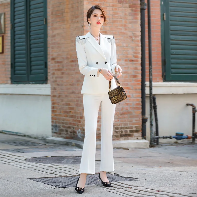 ๏ผjacket and pants )High end women\'s professional suit set, large size, double breasted office clothing