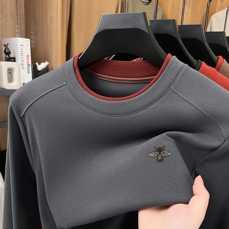 Autumn Winter Men's O-Neck Embroidery T-Shirt Solid Color Comfortable Long Sleeve Base Tops Skin Friendly Daily Wear Men's Wear view 3