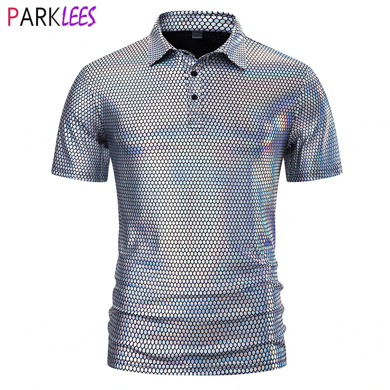 Shiny Silver Fish Scale Pattern Polo Shirt for Men Short Sleeve 70s Disco Nightclub Party Tshirts Hip Hop Hipster Stage Costume