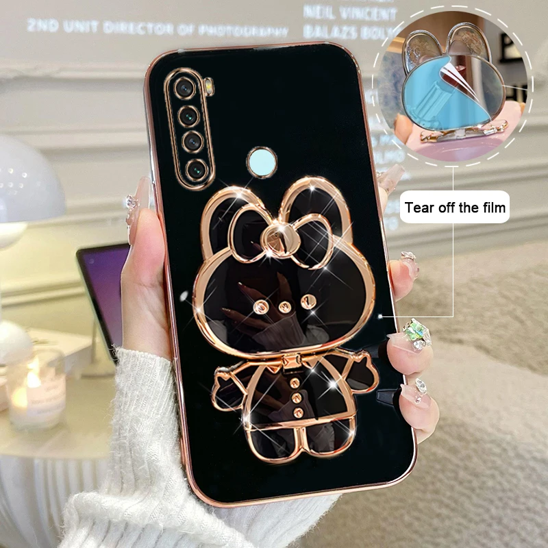 For Xiaomi Redmi Note 8 Phone Case Soft Silicone Solid Color Plating Cartoon Rabbit Fold Stand Makeup Mirror Bracket Cover