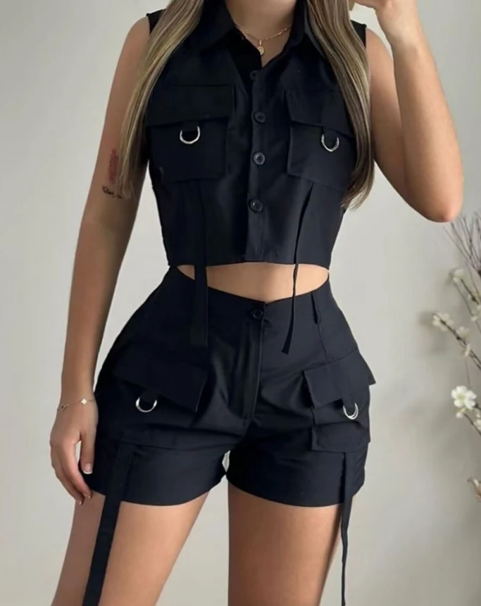 

Flip Collar Button Pocket Design Sleeveless Vest Top and Solid Color Casual Temperament Fashion High Waistband Pocket Shorts Set