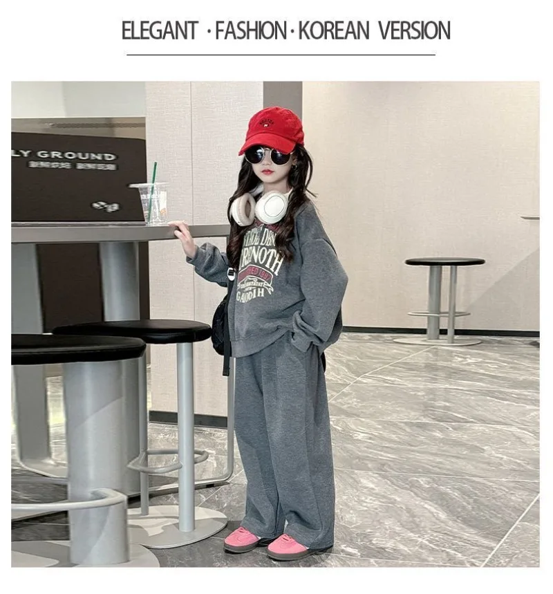 UNITIM Herbst Kinder Mädchen 2-teiliges Kleidungsset mit Buchstabendruck, Sweatshirt + Hose, Trainingsanzüge, lockere Sport-Hose für junge Mädchen. – Detail 8