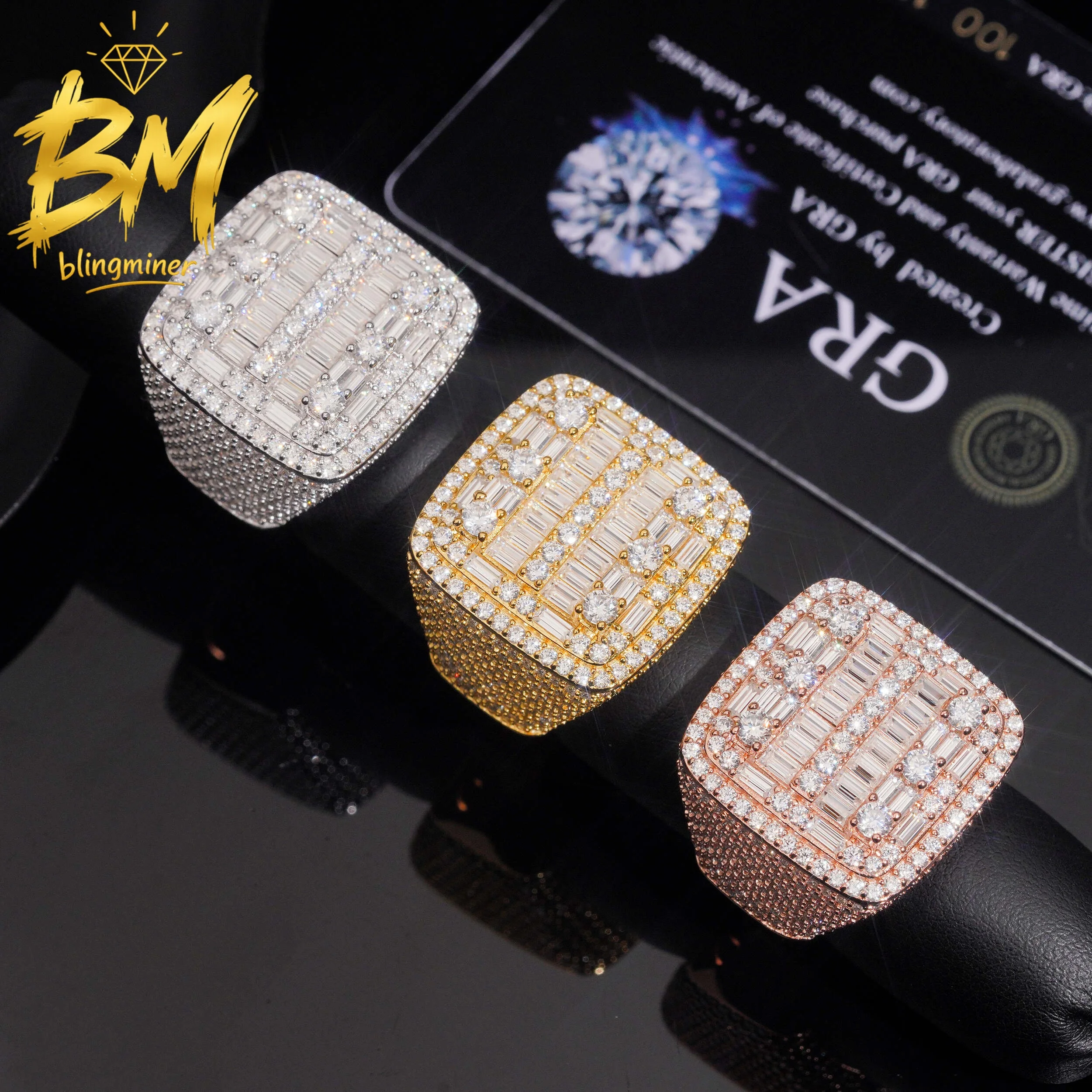 Blingminer Iced Out Baguette VVS Moissanite Rings S925 Silver For Men Women Finger Jewelry Pass Diamonds Tester GRA Free Shippin