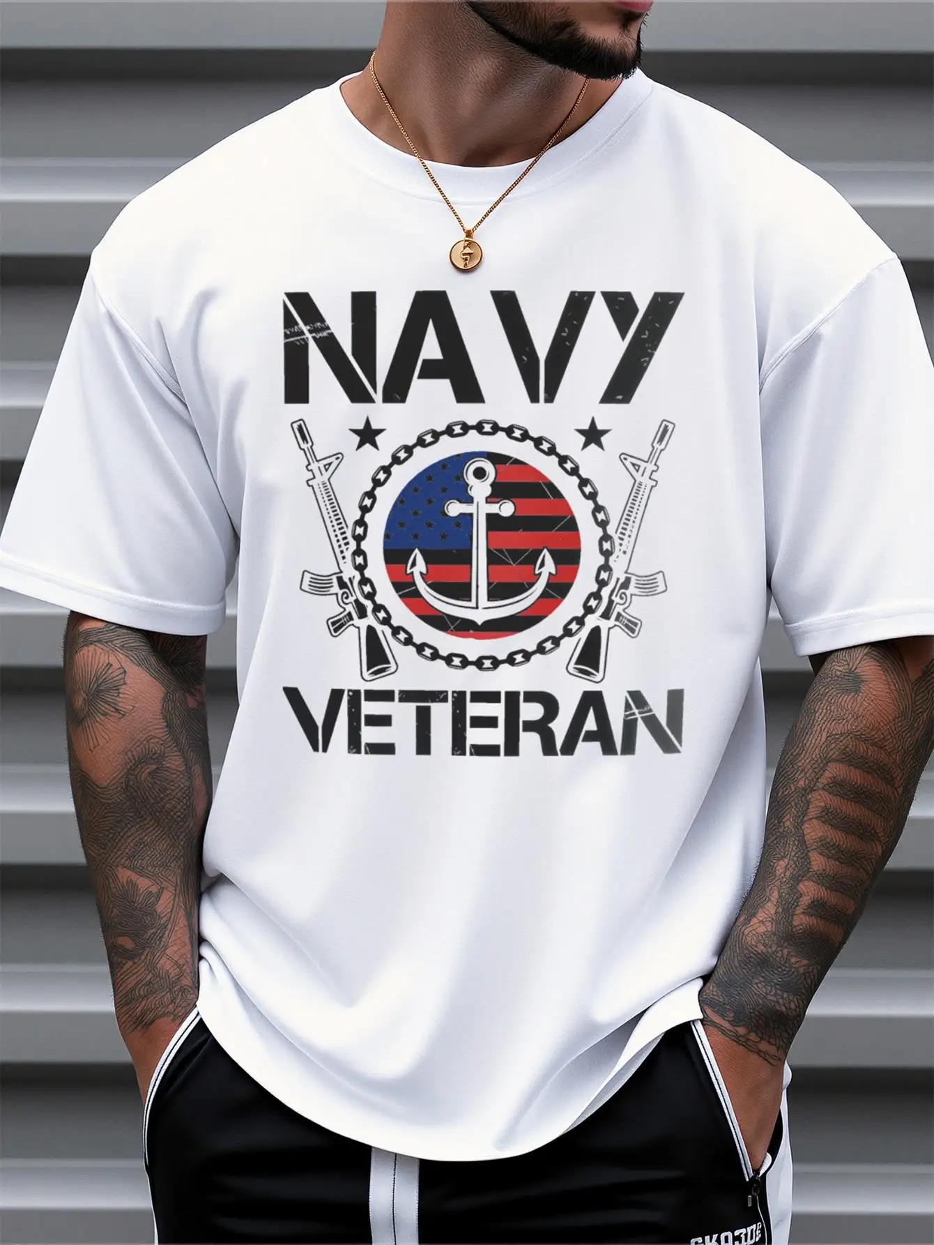 Men'S Navy Graphic T-Shirt - 100% Crew Neck Short Sleeve Casual Top with American Flag & Sailor Design, Regular Fit All-Season Comfort, Comfortable Clothing, Durable Material